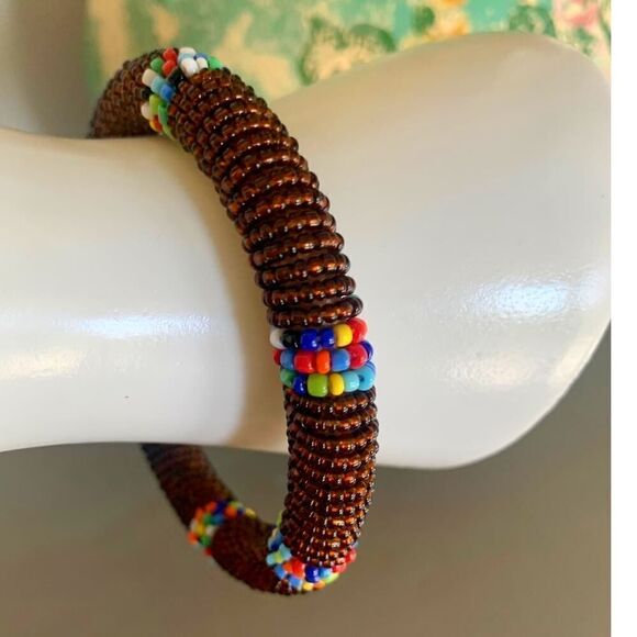 Vintage Native American Beaded Bracelet, in Brown, statement, Unmarked - Picture 1 of 2